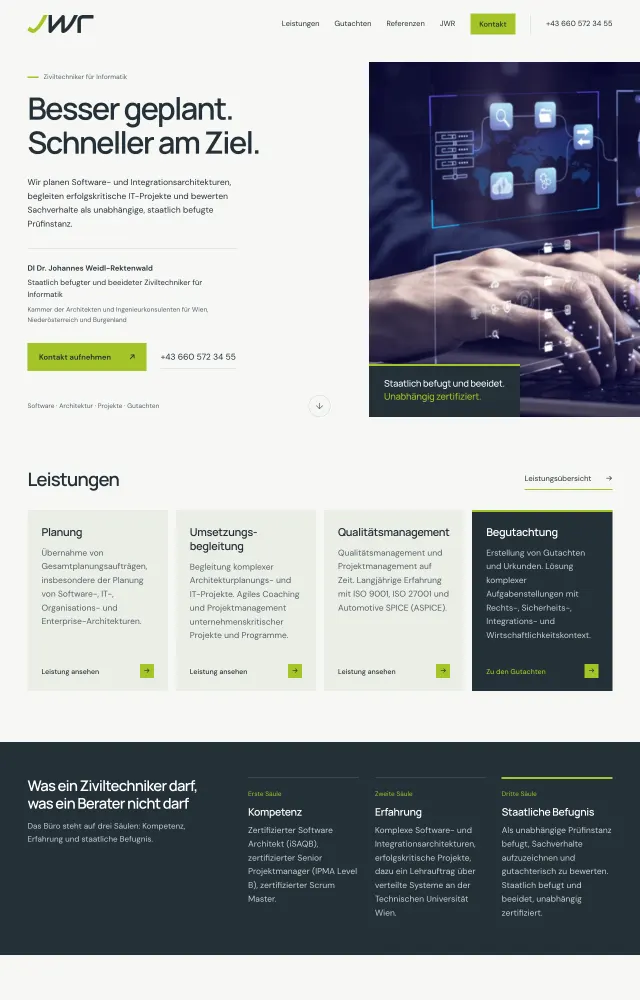 Startseite der Website des IT-Architekturbüros ZT JWR in Kierling
