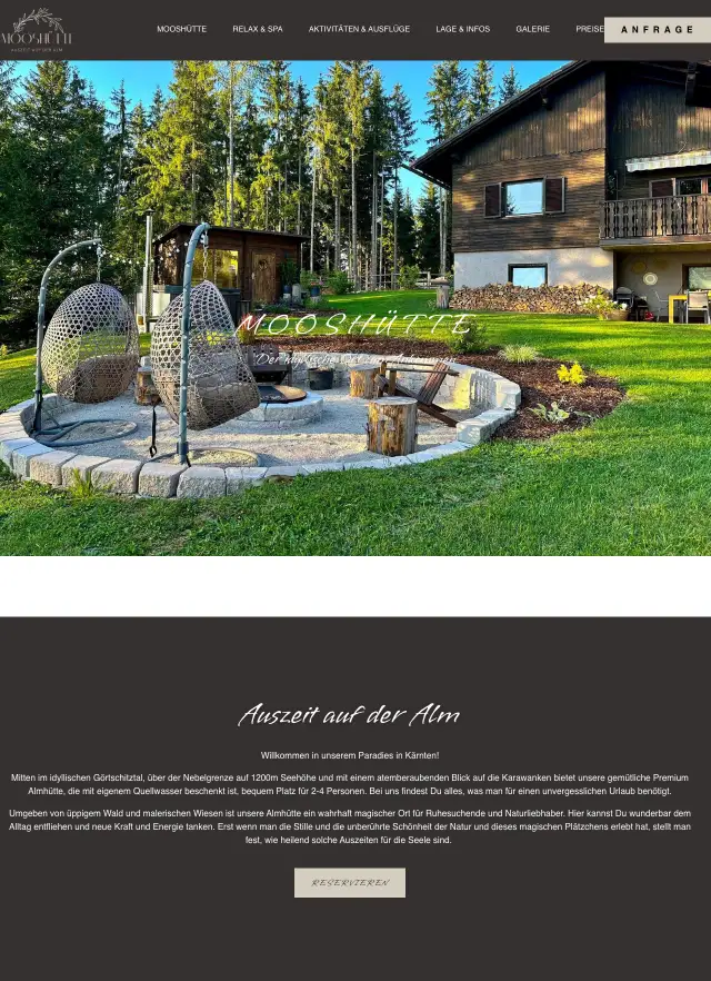 Startseite der Website der Mooshütte, Almhütte in Kärnten