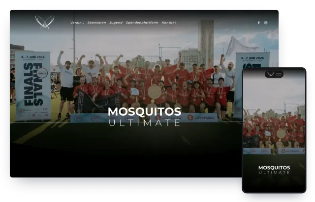 Neue Website der Mosquitos: Teamfoto auf Schwarz mit dem Schriftzug Mosquitos Ultimate, am Handy mit dem Menü in einer Kapsel oben