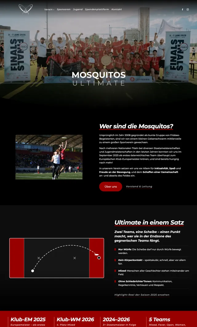 Startseite der Website der Mosquitos mit Teamfoto, „Wer sind die Mosquitos?“ und der Skizze eines Ultimate-Spielfelds