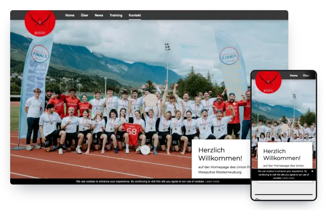 Frühere Website der Mosquitos: rotes Logo, Teamfoto mit Medaillen und der Kasten Herzlich Willkommen, unten ein Cookie-Hinweis