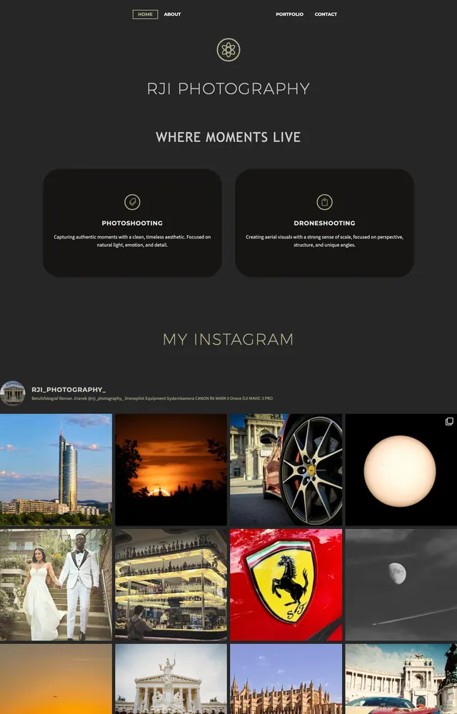 Startseite der Website von RJI Photo in Kierling mit den Angeboten und dem Instagram-Feed