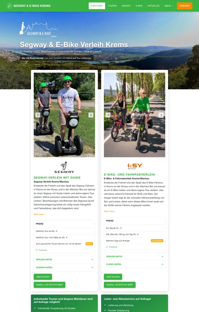 Startseite der Website des Segway & E-Bike Verleih Krems
