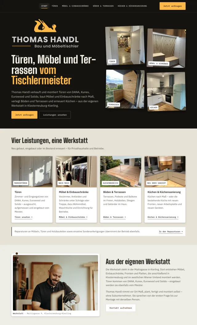 Startseite der Website von Tischlermeister Thomas Handl in Klosterneuburg-Kierling