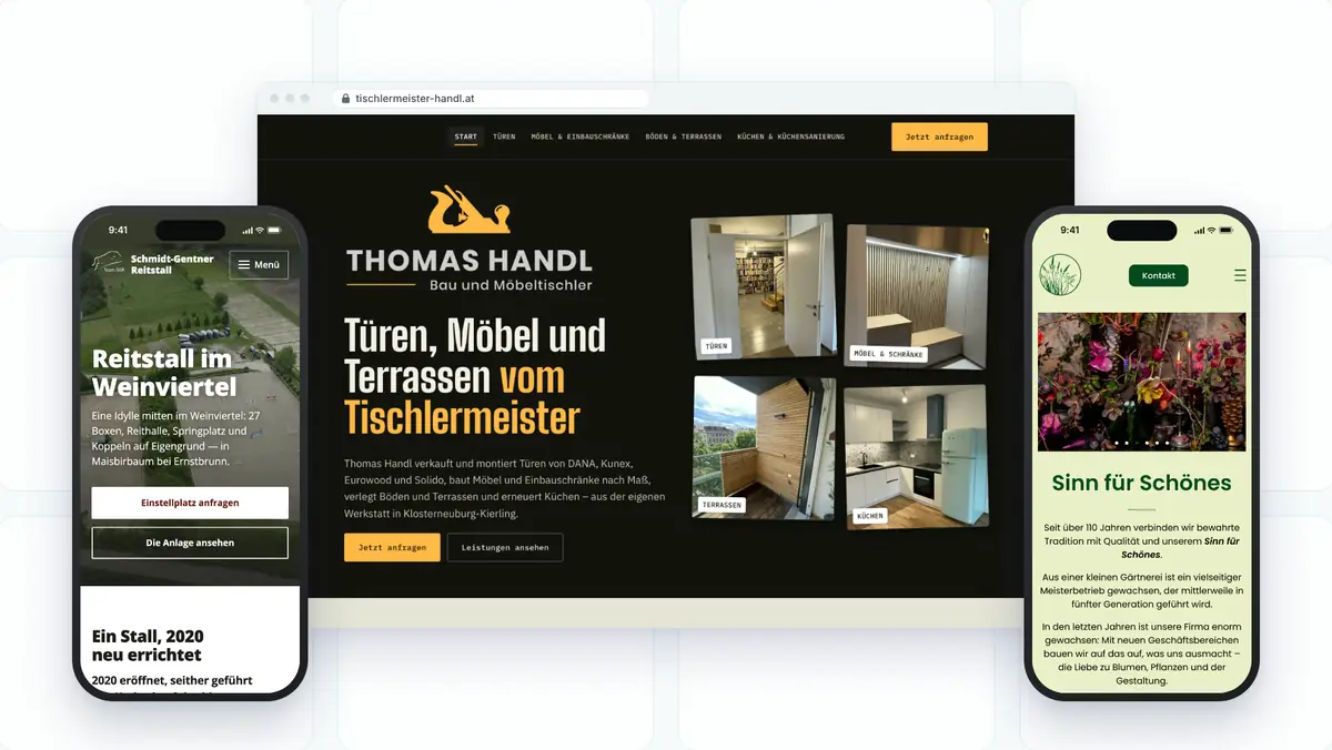 Alle Referenzen ansehen: die Websites von Tischlermeister Handl, Schmidt-Gentner Reitstall und Blumen Kolb am Computer und am Handy