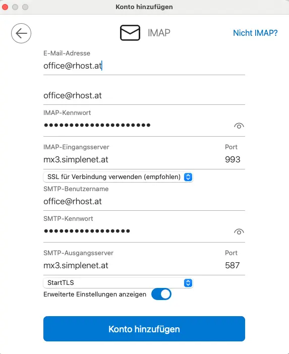 RHost E-Mail Einrichtung Outlook Einstellungen